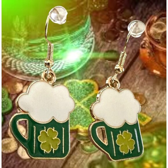 St Patricks Day Earrings Beer Four Leaf Clover Dangle Hooks Parade New F… - Picture 1 of 11